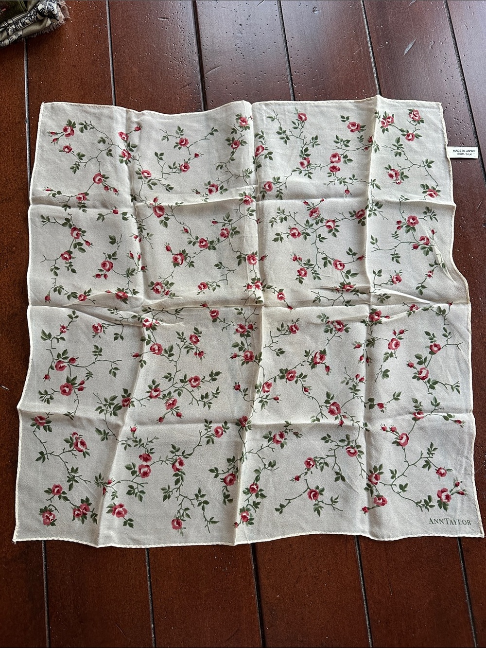 Ann Taylor Cream 💯 Silk Scarf with Pink Rose Vine Print